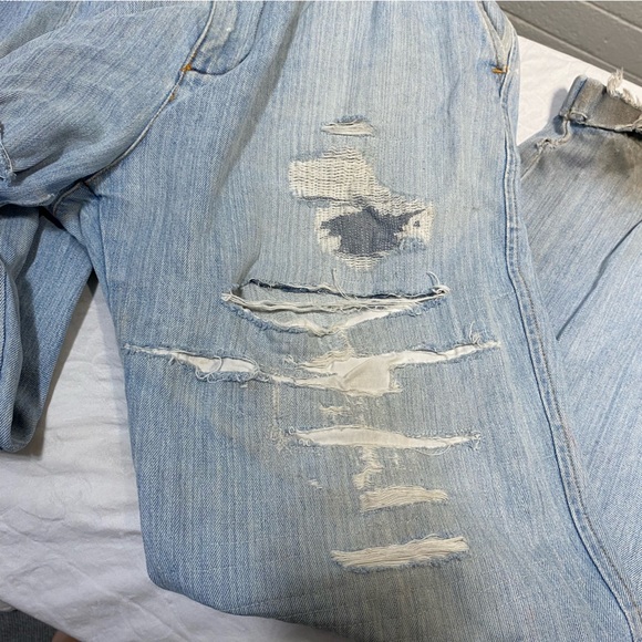 Trashed Vintage New River Pleated Straight Jeans Destroyed 34L Cuffed Ripped - Picture 14 of 14